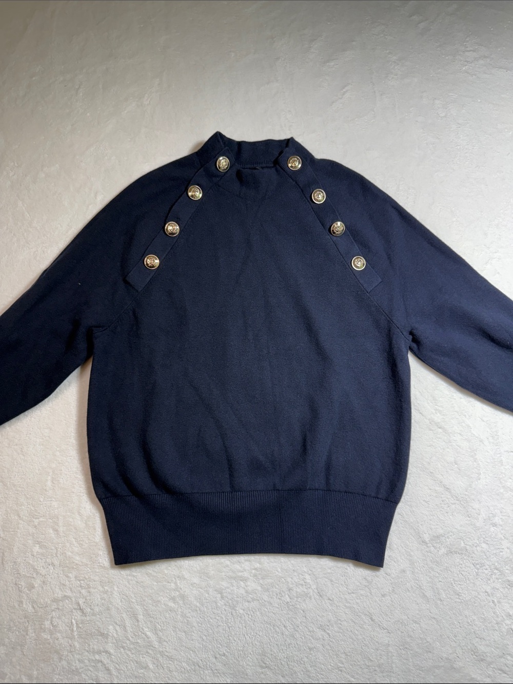 Ann Taylor Navy Turtleneck Sweater with Gold Accent Buttons